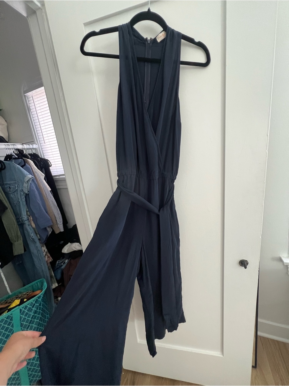 100% silk Tory Burch Navy Sleeveless Wrap-Front Jumpsuit
